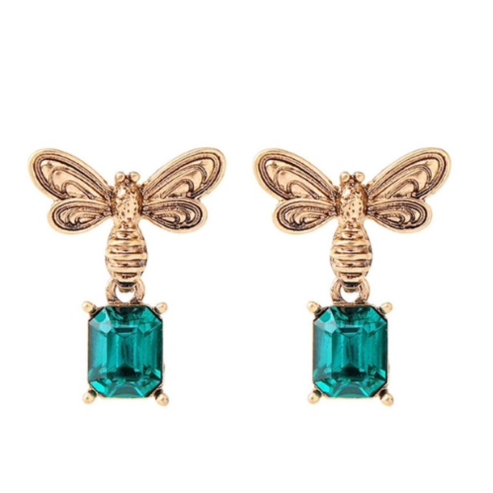 Goldtone Bee Emerald Crystal Drop Earrings